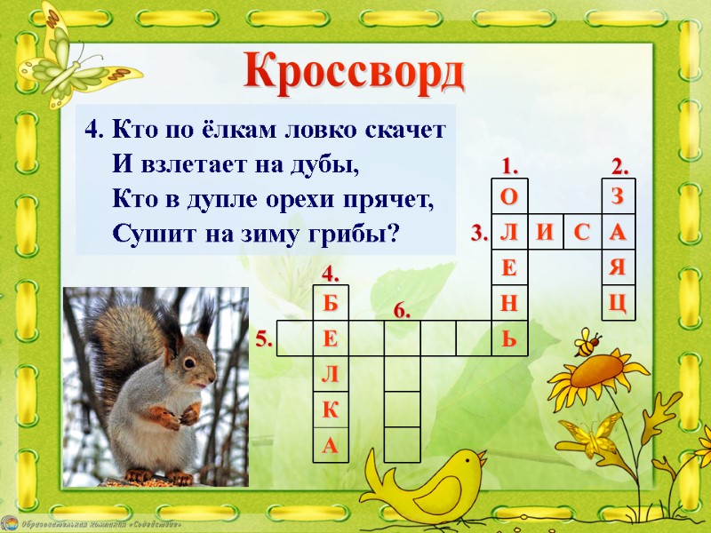 4. Кто по ёлкам ловко скачет     И взлетает на дубы,